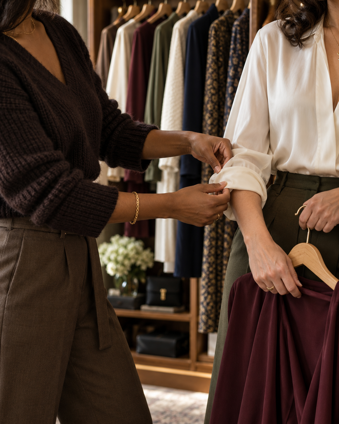 Illustrative closet styling session: hands gently adjusting a client’s silk blouse cuff