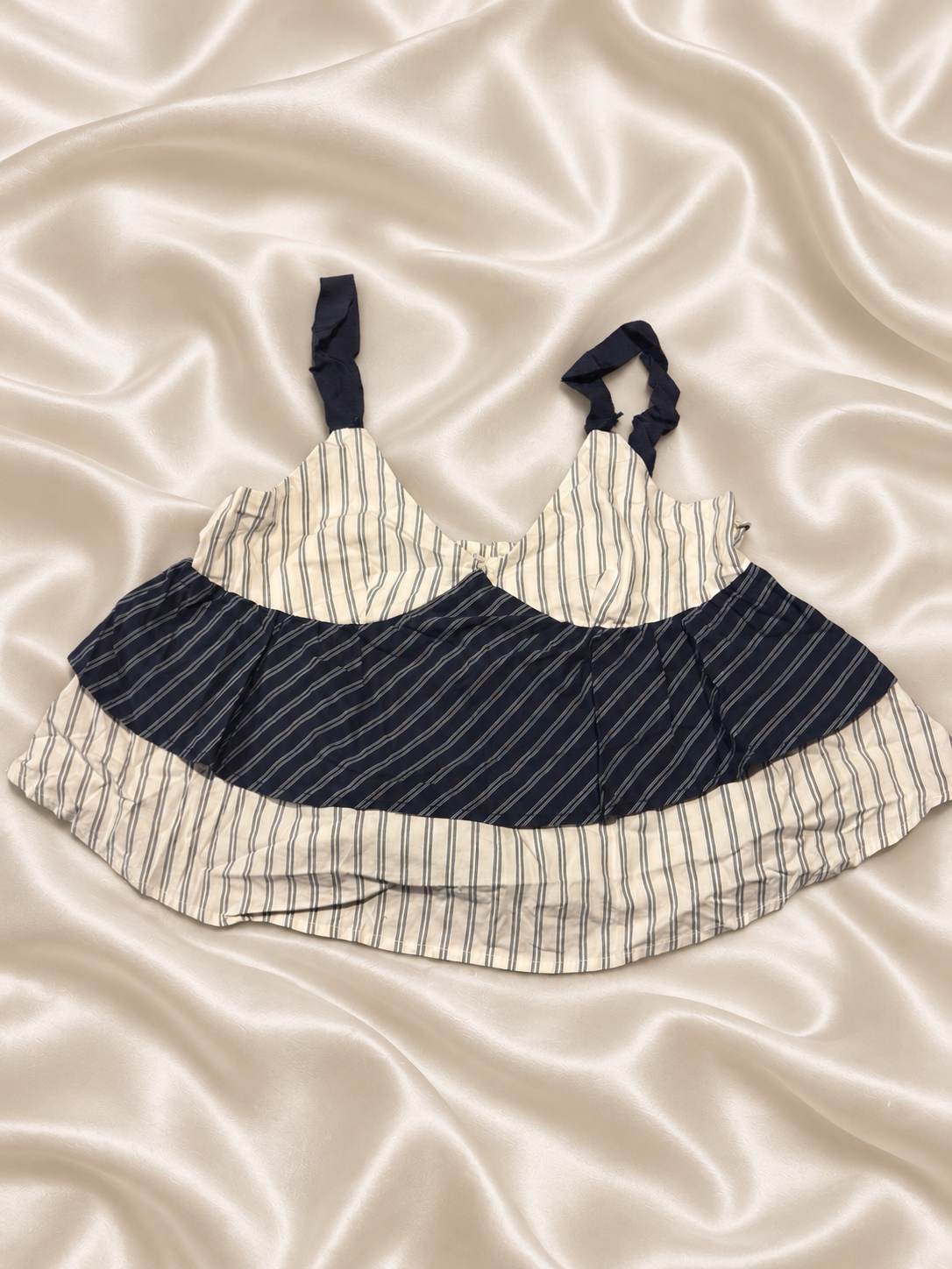 Cream and Navy Striped Ruffle Dress